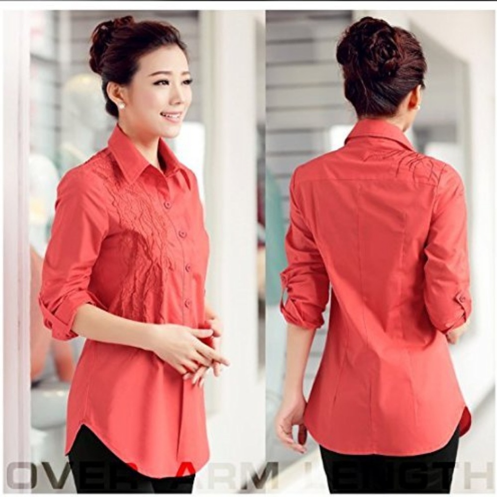 Embroidered Long Sleeves Orange Shirt M Carol Top